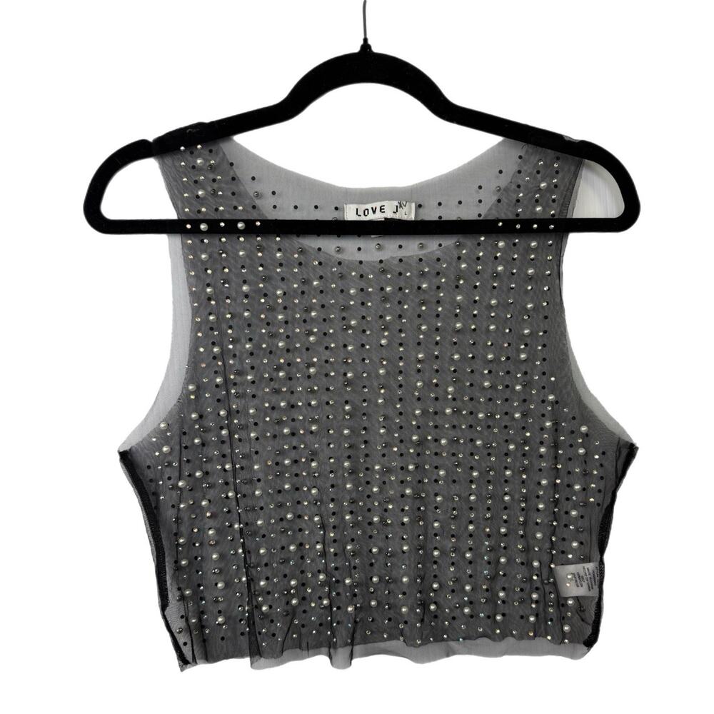 Love J Black Sheer Mesh Pearl Rhinestone Crop Tank Top Y2K Party Size L - Picture 3 of 16